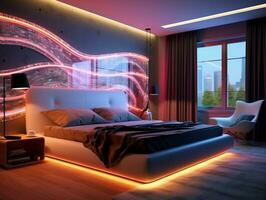 3D modern bedroom with multicolored led strip lights generative ai photo