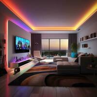 Modern smart living room with multicolor led light generative ai photo