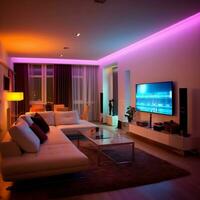 Modern smart living room with multicolor led light generative ai photo