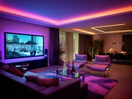 Modern smart living room with multicolor led light generative ai photo