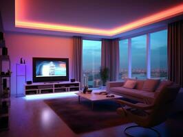 Modern smart living room with multicolor led light generative ai photo