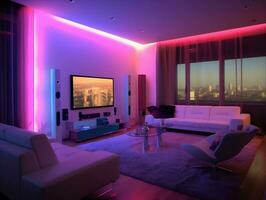 Modern smart living room with multicolor led light generative ai photo