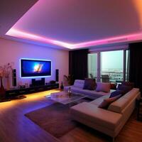 Modern smart living room with multicolor led light generative ai photo