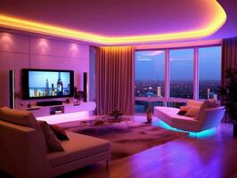 Modern smart living room with multicolor led light generative ai photo