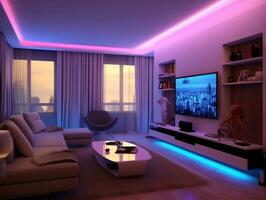 Modern smart living room with multicolor led light generative ai photo