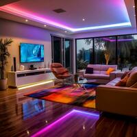 moderno inteligente vivo habitación con multicolor LED ligero generativo ai foto