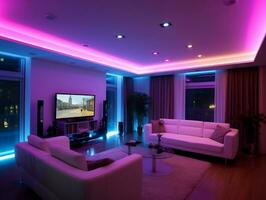 moderno inteligente vivo habitación con multicolor LED ligero generativo ai foto