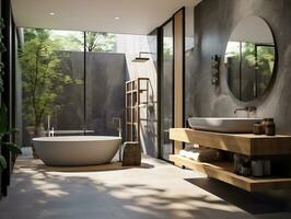 Modern bathroom featuring a natural stone countertop with an integrated sink, a round mirror, a shower cabin, a round bathtub generative ai photo