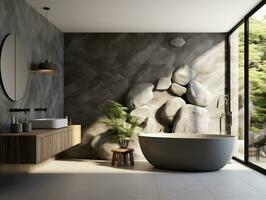 Modern bathroom featuring a natural stone countertop with an integrated sink, a round mirror, a shower cabin, a round bathtub generative ai photo