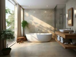 Modern bathroom featuring a natural stone countertop with an integrated sink, a round mirror, a shower cabin, a round bathtub generative ai photo