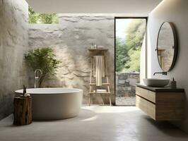 Modern bathroom featuring a natural stone countertop with an integrated sink, a round mirror, a shower cabin, a round bathtub generative ai photo
