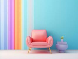 Pastel multi-color vibrant groovy retro striped background wall frame with bright armchair interior home design generative ai photo