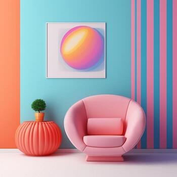 Pastel multi-color vibrant groovy retro striped background wall frame with bright armchair interior home design generative ai photo