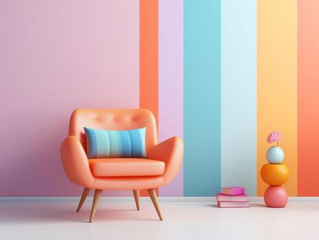 Pastel multi-color vibrant groovy retro striped background wall frame with bright armchair interior home design generative ai photo