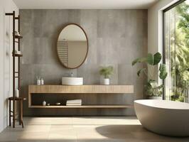 Modern bathroom featuring a natural stone countertop with an integrated sink, a round mirror, a shower cabin, a round bathtub generative ai photo