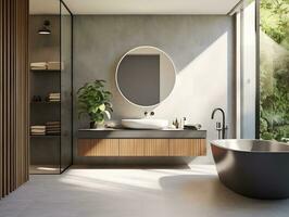 Modern bathroom featuring a natural stone countertop with an integrated sink, a round mirror, a shower cabin, a round bathtub generative ai photo