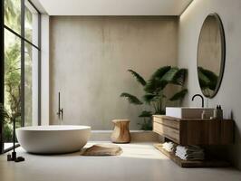 Modern bathroom featuring a natural stone countertop with an integrated sink, a round mirror, a shower cabin, a round bathtub generative ai photo