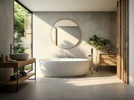 Modern bathroom featuring a natural stone countertop with an integrated sink, a round mirror, a shower cabin, a round bathtub generative ai photo