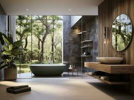 Modern bathroom featuring a natural stone countertop with an integrated sink, a round mirror, a shower cabin, a round bathtub generative ai photo
