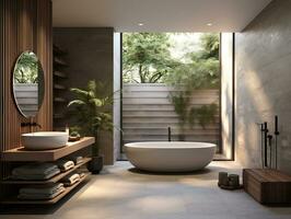 Modern bathroom featuring a natural stone countertop with an integrated sink, a round mirror, a shower cabin, a round bathtub generative ai photo
