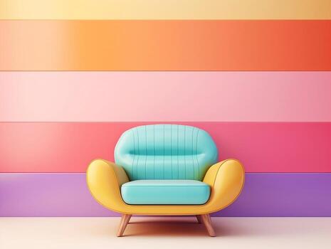 Pastel multi-color vibrant groovy retro striped background wall frame with bright armchair interior home design generative ai photo
