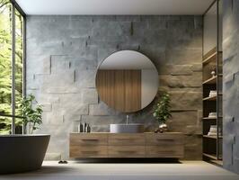 Modern bathroom featuring a natural stone countertop with an integrated sink, a round mirror, a shower cabin, a round bathtub generative ai photo