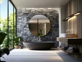 Modern bathroom featuring a natural stone countertop with an integrated sink, a round mirror, a shower cabin, a round bathtub generative ai photo