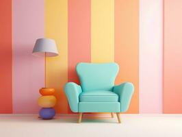 Pastel multi-color vibrant groovy retro striped background wall frame with bright armchair interior home design generative ai photo