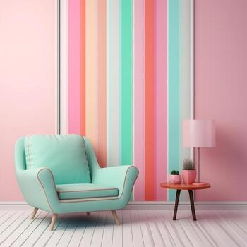 Pastel multi-color vibrant groovy retro striped background wall frame with bright armchair interior home design generative ai photo