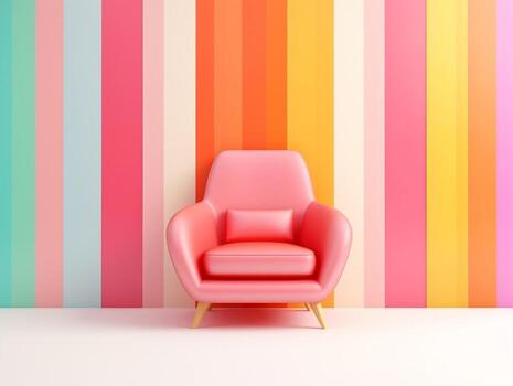 Pastel multi-color vibrant groovy retro striped background wall frame with bright armchair interior home design generative ai photo