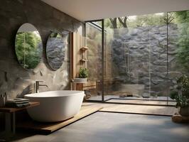 Modern bathroom featuring a natural stone countertop with an integrated sink, a round mirror, a shower cabin, a round bathtub generative ai photo