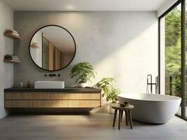 Modern bathroom featuring a natural stone countertop with an integrated sink, a round mirror, a shower cabin, a round bathtub generative ai photo
