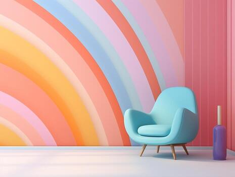 Pastel multi-color vibrant groovy retro striped background wall frame with bright armchair interior home design generative ai photo
