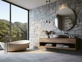 Modern bathroom featuring a natural stone countertop with an integrated sink, a round mirror, a shower cabin, a round bathtub generative ai photo