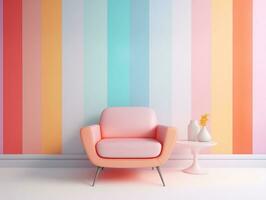Pastel multi-color vibrant groovy retro striped background wall frame with bright armchair interior home design generative ai photo