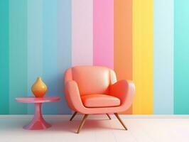 Pastel multi-color vibrant groovy retro striped background wall frame with bright armchair interior home design generative ai photo