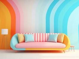 Pastel multi-color vibrant groovy retro striped background wall frame with bright sofa interior home design generative ai photo