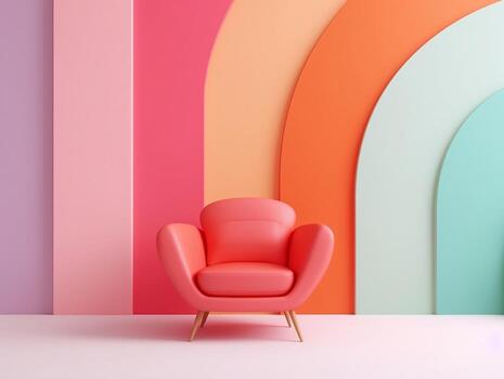 Pastel multi-color vibrant groovy retro striped background wall frame with bright armchair interior home design generative ai photo