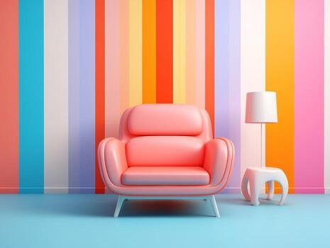 Pastel multi-color vibrant groovy retro striped background wall frame with bright armchair interior home design generative ai photo
