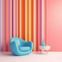 Pastel multi-color vibrant groovy retro striped background wall frame with bright armchair interior home design generative ai photo