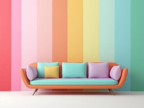 Pastel multi-color vibrant groovy retro striped background wall frame with bright sofa interior home design generative ai photo
