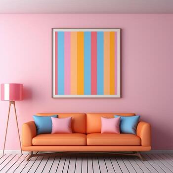 Pastel multi-color vibrant groovy retro striped background wall frame with bright sofa interior home design generative ai photo