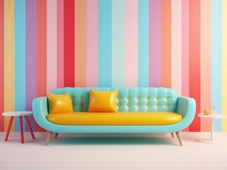 Pastel multi-color vibrant groovy retro striped background wall frame with bright sofa interior home design generative ai photo