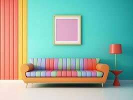 Pastel multi-color vibrant groovy retro striped background wall frame with bright sofa interior home design generative ai photo