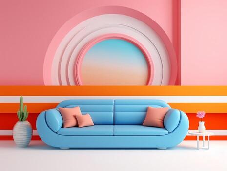 Pastel multi-color vibrant groovy retro striped background wall frame with bright sofa interior home design generative ai photo