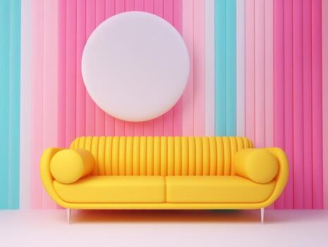 Pastel multi-color vibrant groovy retro striped background wall frame with bright sofa interior home design generative ai photo