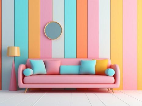 Pastel multi-color vibrant groovy retro striped background wall frame with bright sofa interior home design generative ai photo