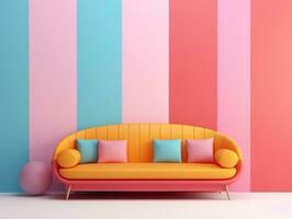Pastel multi-color vibrant groovy retro striped background wall frame with bright sofa interior home design generative ai photo