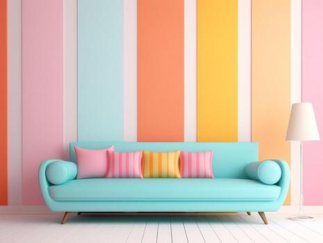 Pastel multi-color vibrant groovy retro striped background wall frame with bright sofa interior home design generative ai photo