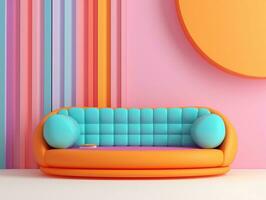 Pastel multi-color vibrant groovy retro striped background wall frame with bright sofa interior home design generative ai photo